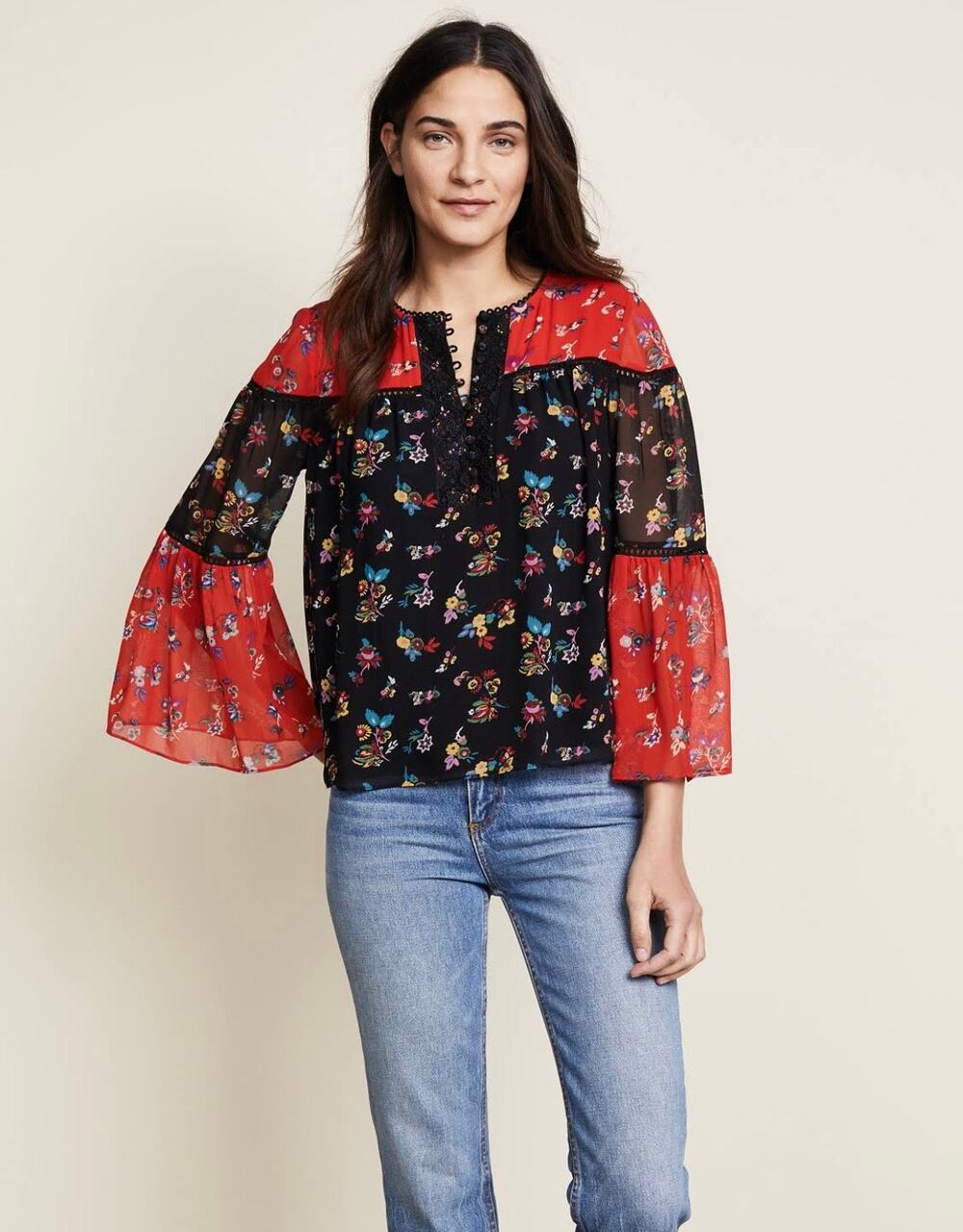 Rebecca Minkoff Black Red Luca Bell Sleeve Top Size S